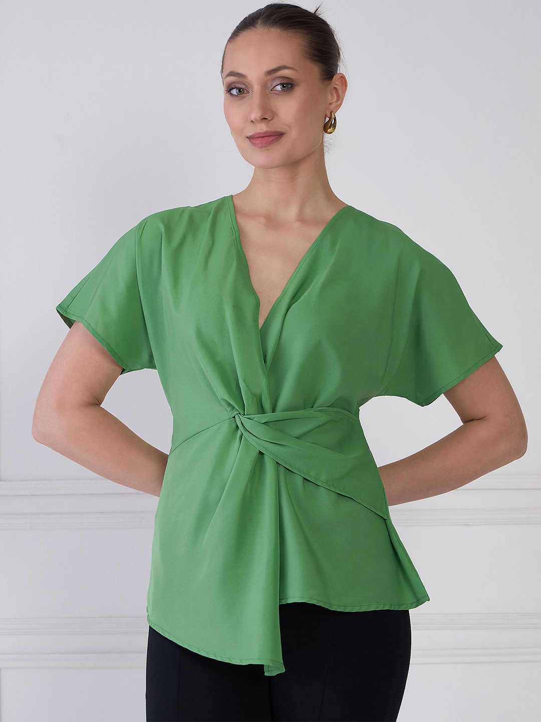 

Antheaa Elit Solid V-Neck Wrap Crepe Top, Green