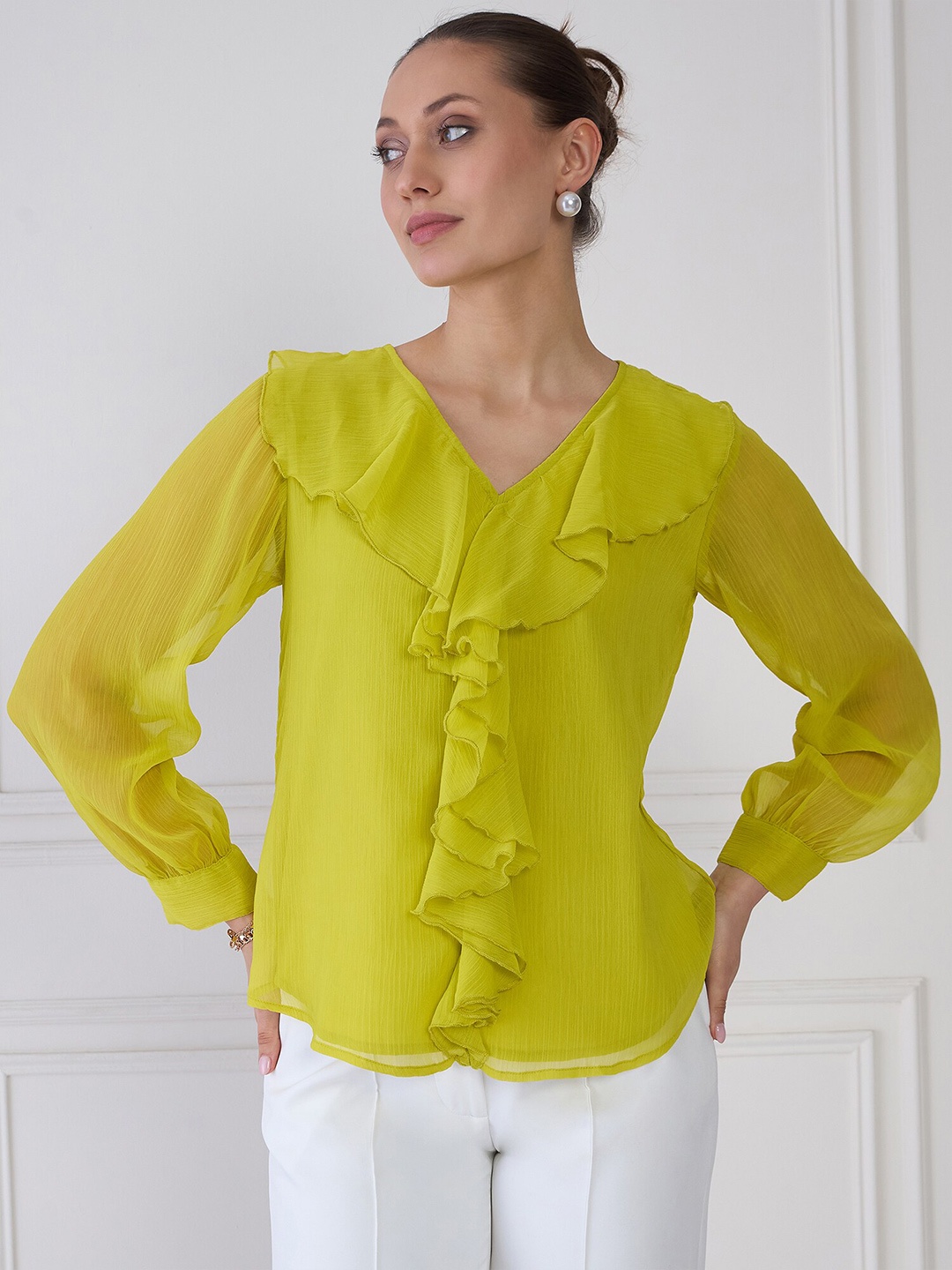 

Antheaa Elit Ruffles Cuffed Sleeves Chiffon Top, Green