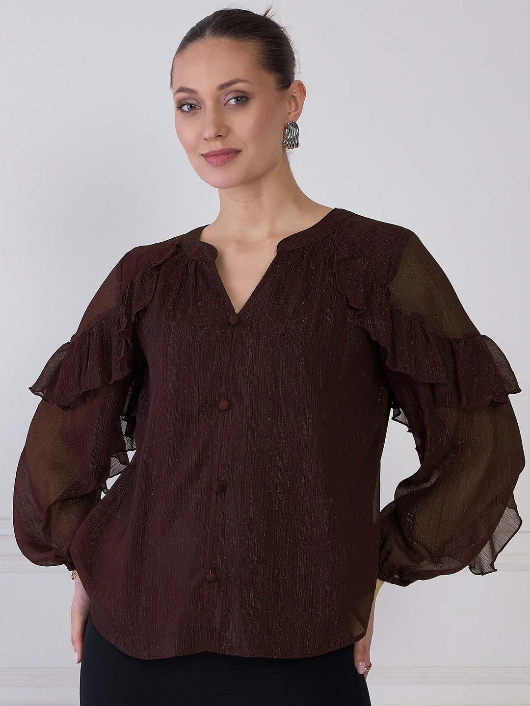 

Antheaa Elit Mandarin Collar Puff Sleeve Chiffon Shirt Style Top, Brown