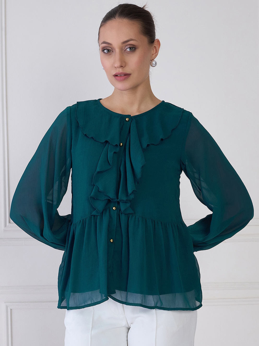 

Antheaa Elit Round Neck Button Closure Chiffon Top, Teal