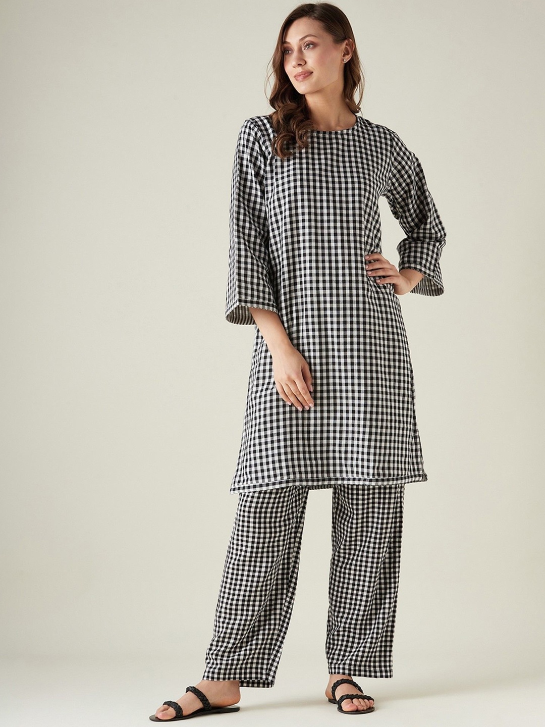 

The Kaftan Company Checks Cotton Top With Trousers Co-Ords, Black