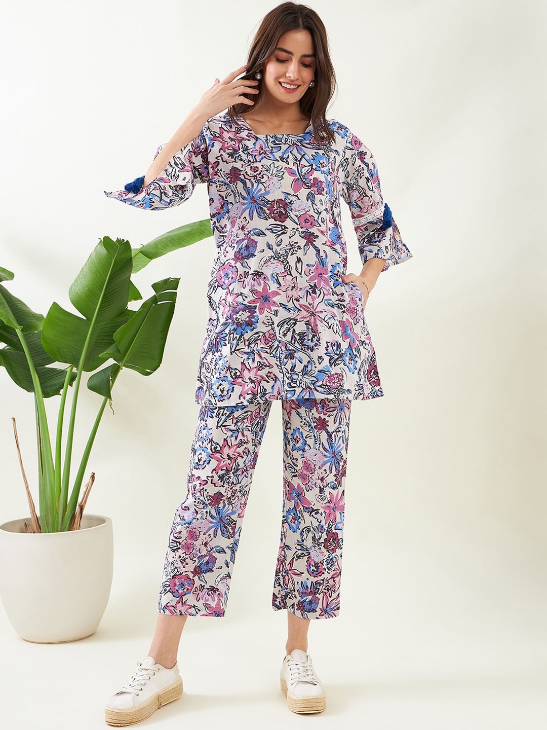 

The Kaftan Company Printed Pure Cotton Tunic With Trouser Co-Ords, White