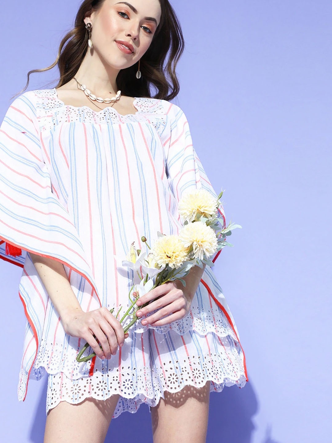 

The Kaftan Company Pure Cotton Printed Square Neck Top With Shorts Co-Ords, White