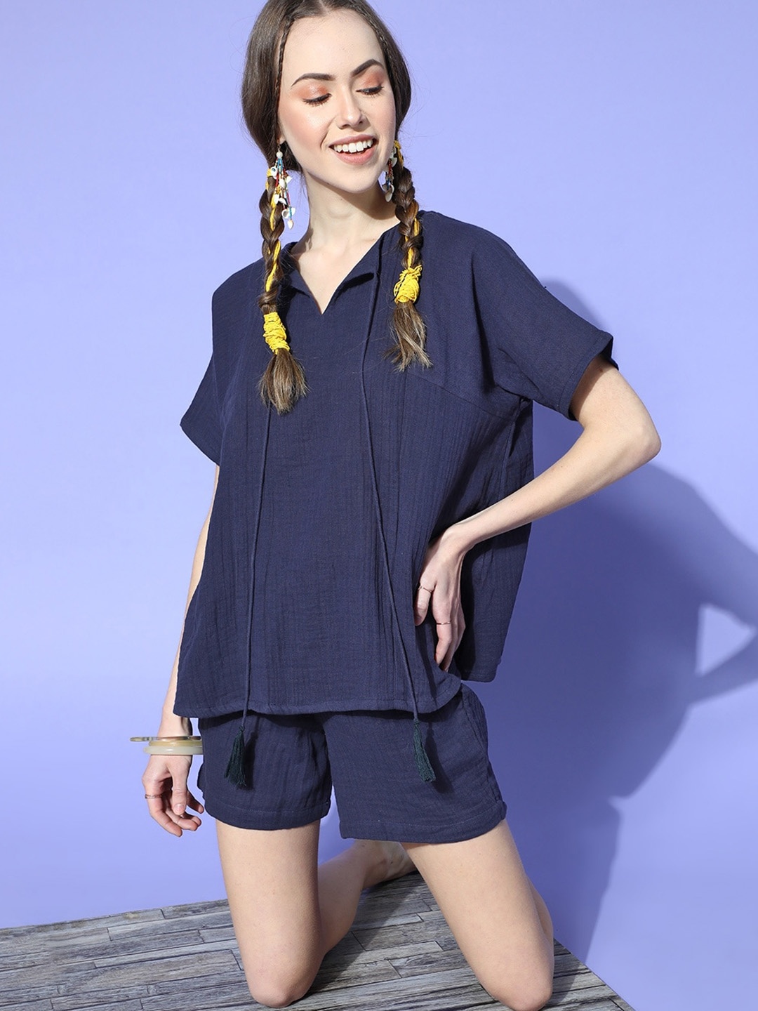 

The Kaftan Company Women Pure Cotton Top With Shorts Co-Ords, Navy blue