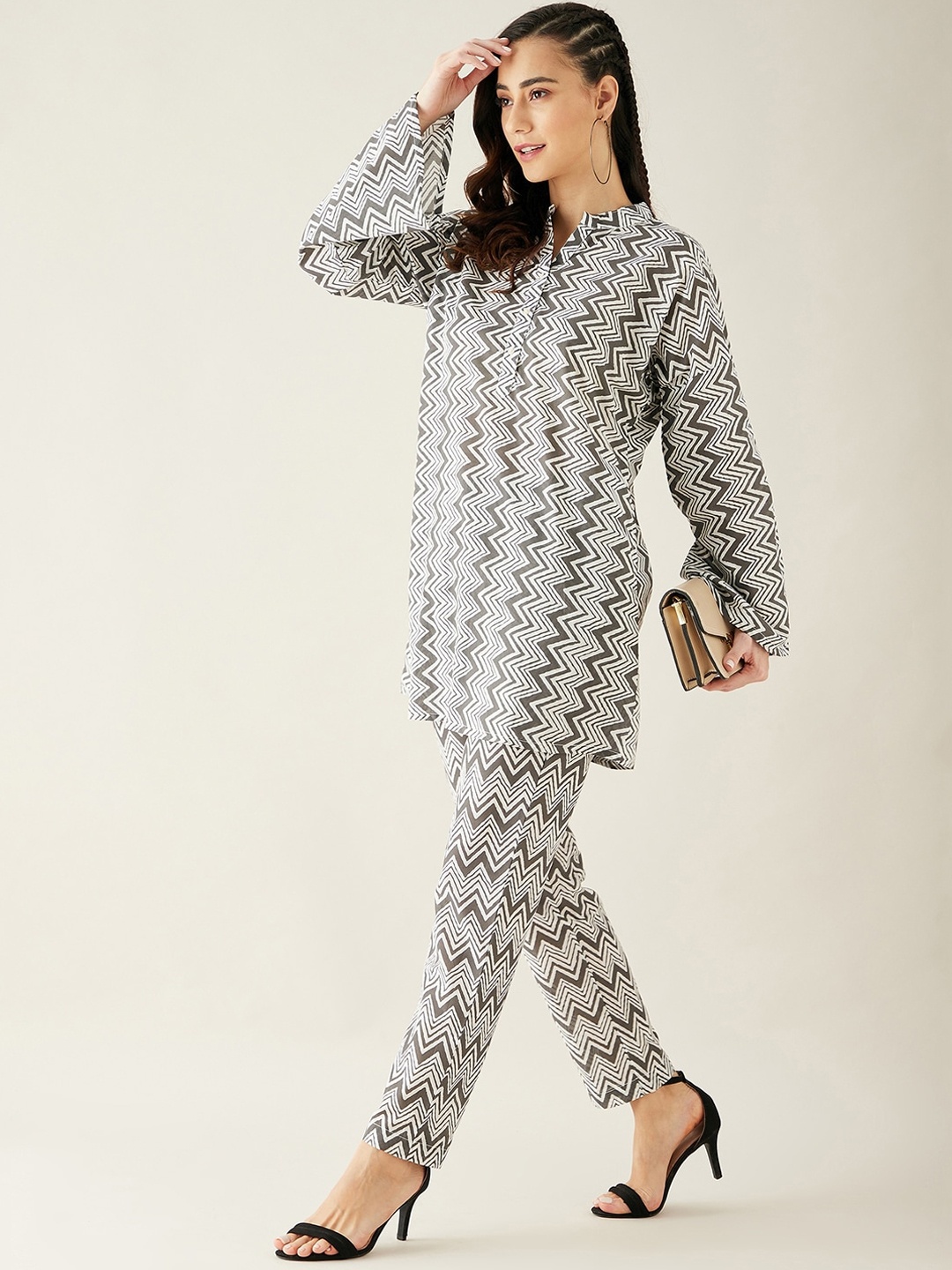 

The Kaftan Company Pure Cotton Printed Mandarin Collar Tunic With Trousers Co-Ords, Grey