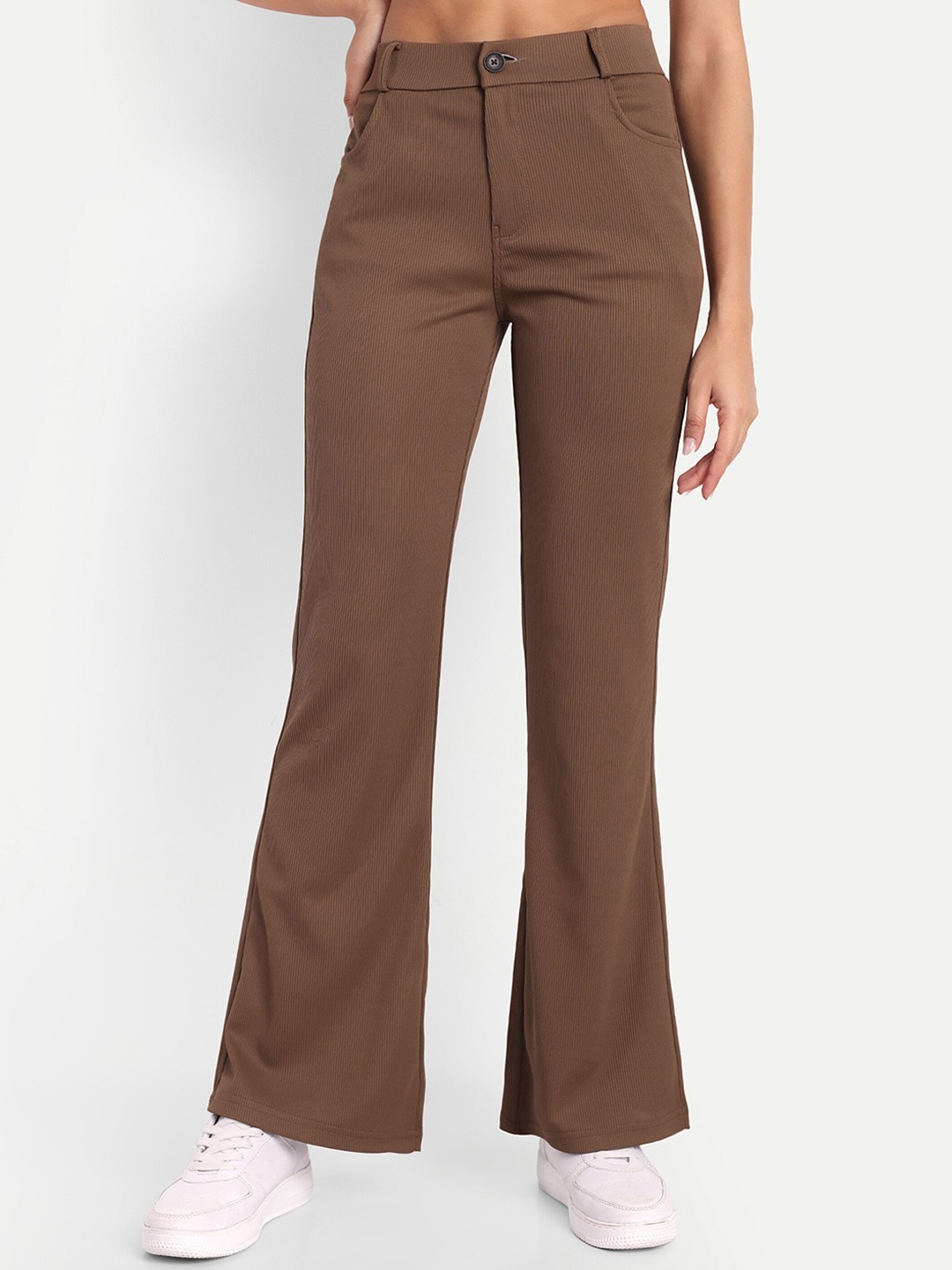 

BROADSTAR Women High-Rise Stretchable Flared Bootcut Corduroy Trousers, Brown