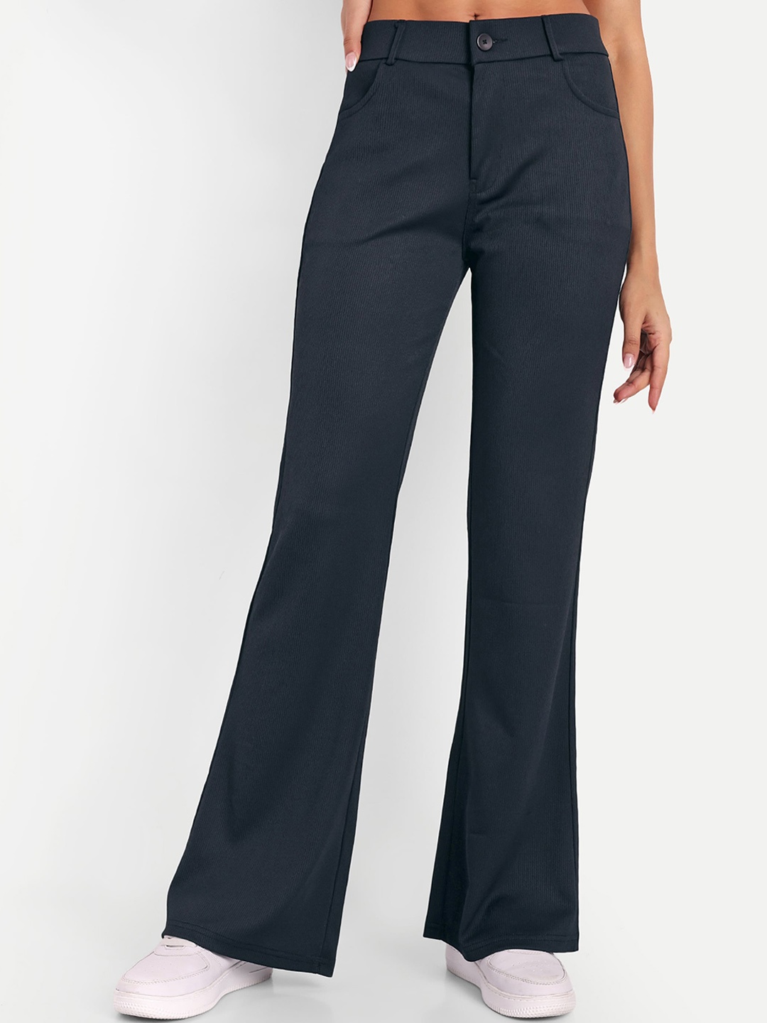

BROADSTAR Women High-Rise Stretchable Flared Bootcut Corduroy Trousers, Black
