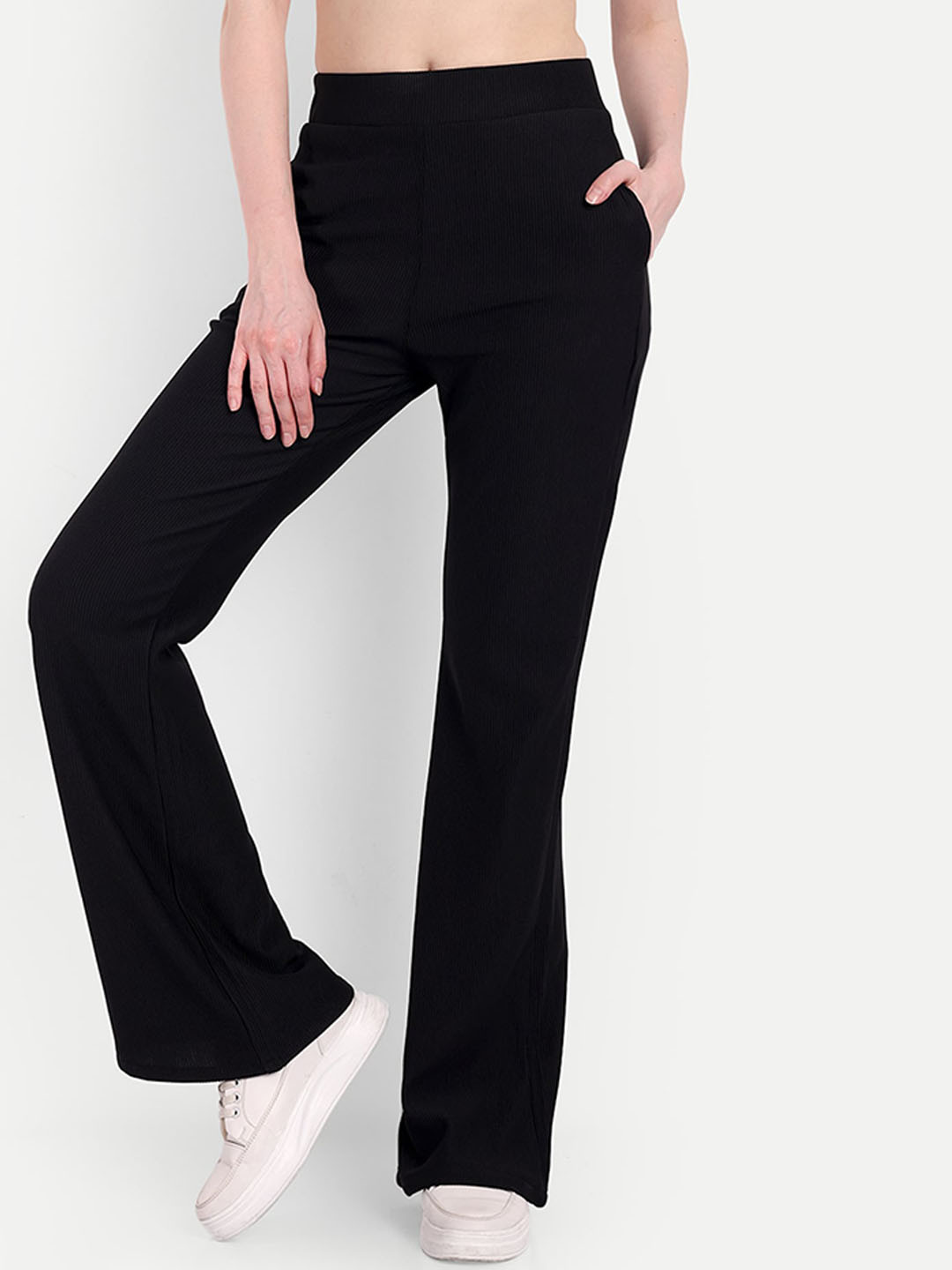 

BROADSTAR Women High-Rise Stretchable Flared Bootcut Corduroy Trousers, Black