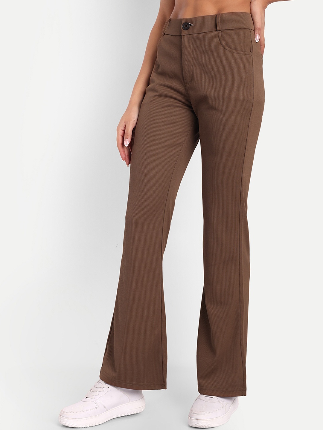 

BROADSTAR Women High-Rise Stretchable Flared Bootcut Corduroy Trousers, Brown