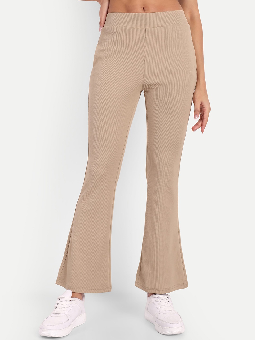 

BROADSTAR Women High-Rise Stretchable Flared Bootcut Corduroy Trousers, Beige