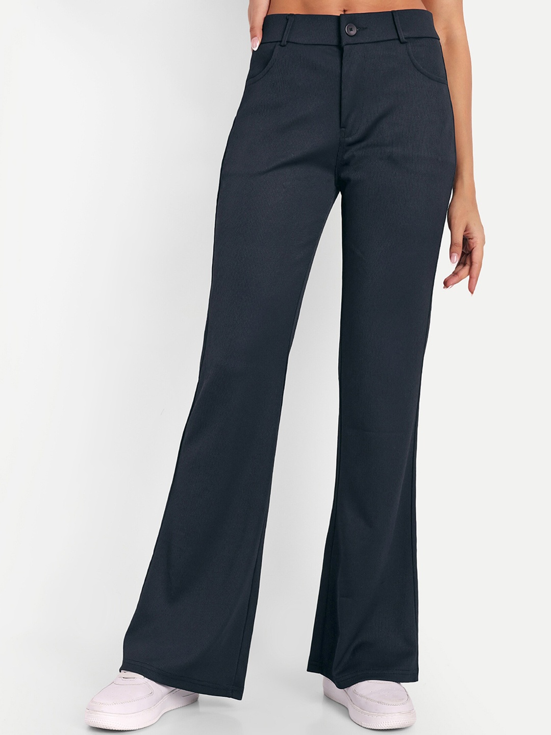

BROADSTAR Women High-Rise Stretchable Flared Bootcut Corduroy Trousers, Black
