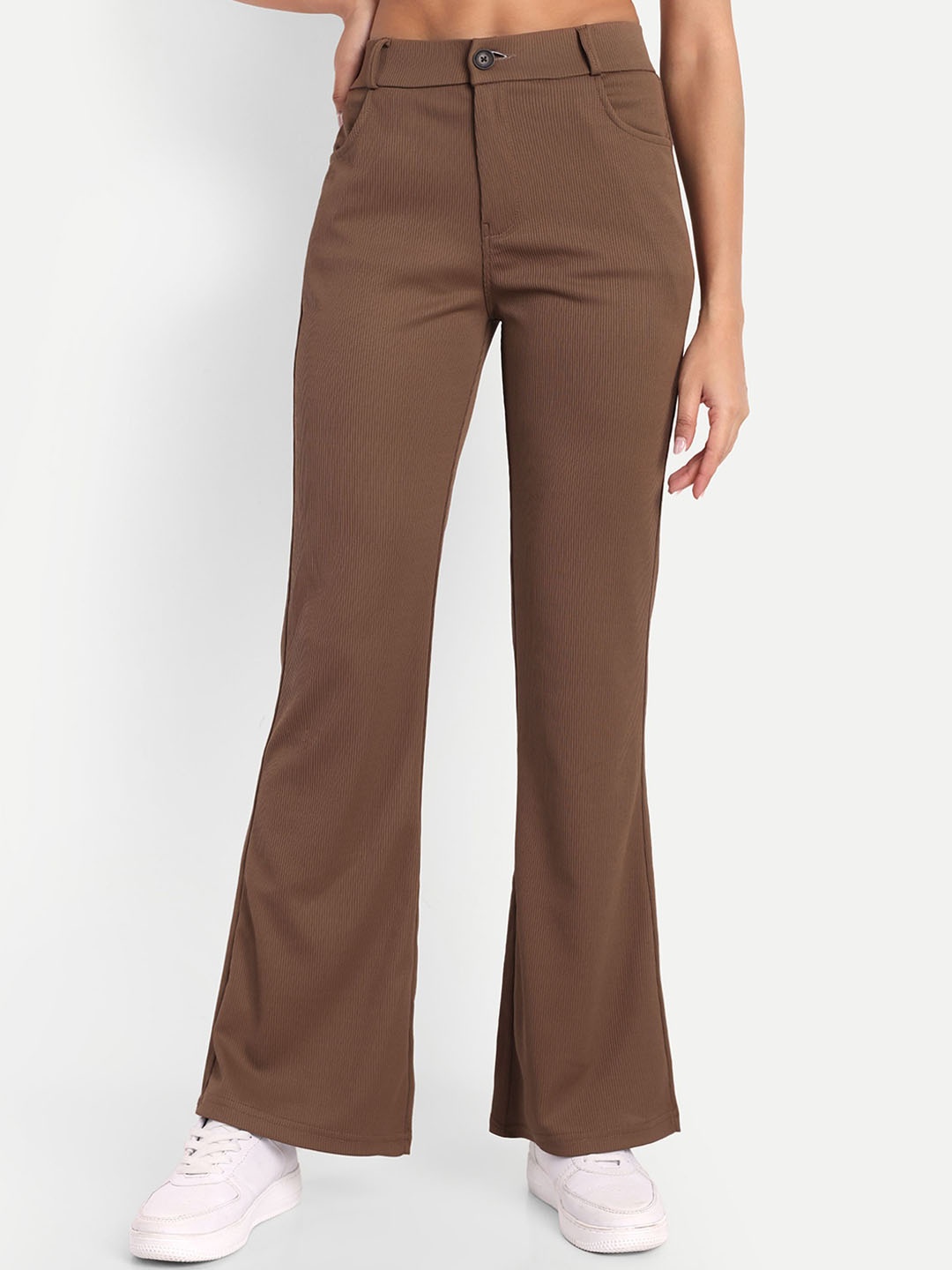 

BROADSTAR Women High-Rise Stretchable Flared Bootcut Corduroy Trousers, Brown