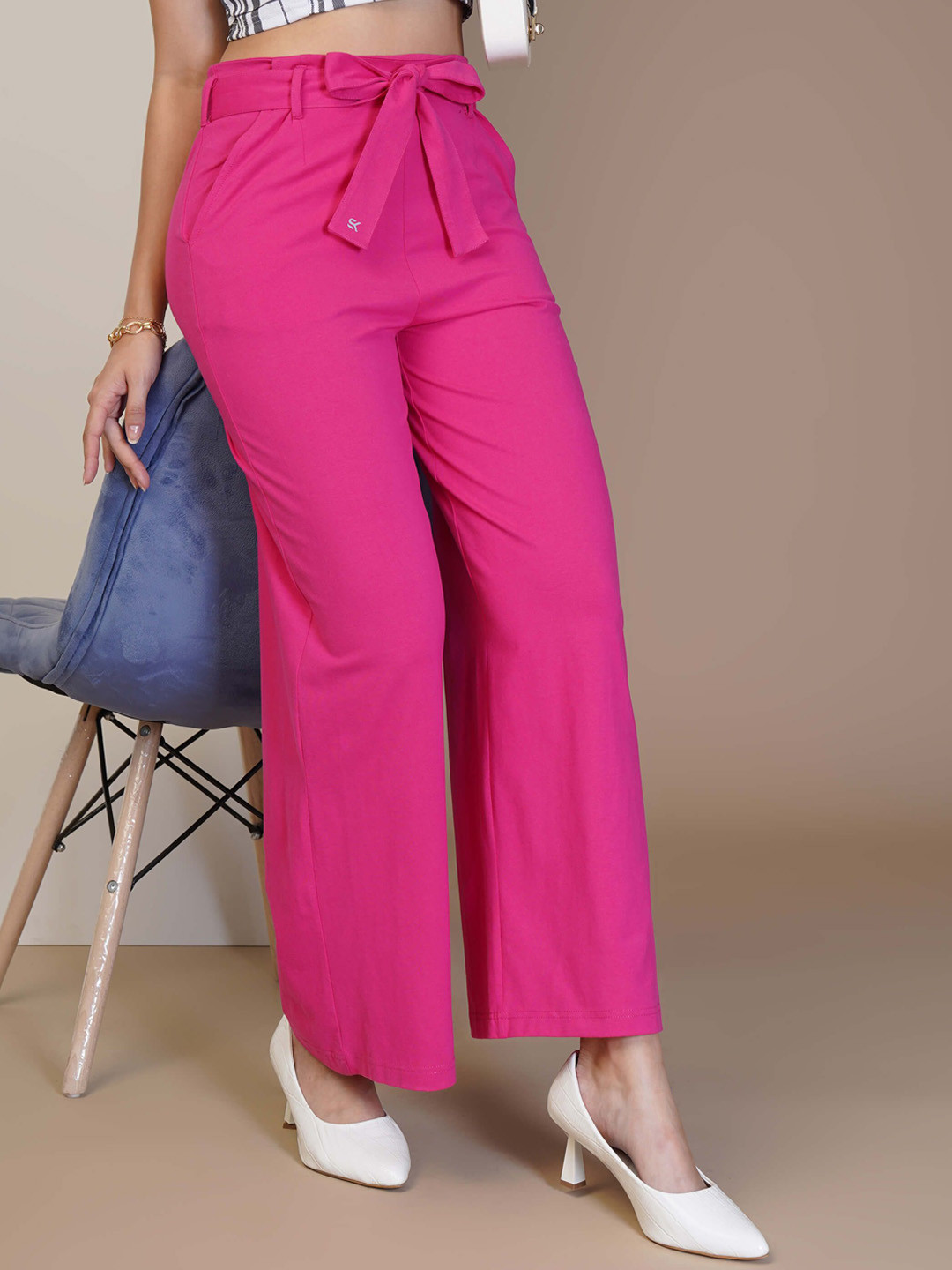 

ONE SKY Women Straight Fit High-Rise Trousers, Fuchsia