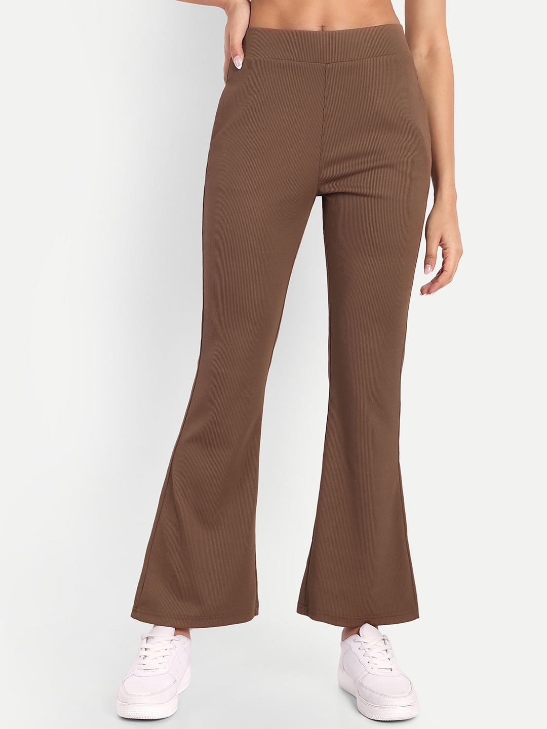 

Next One Women High-Rise Stretchable Flared Bootcut Corduroy Trousers, Brown