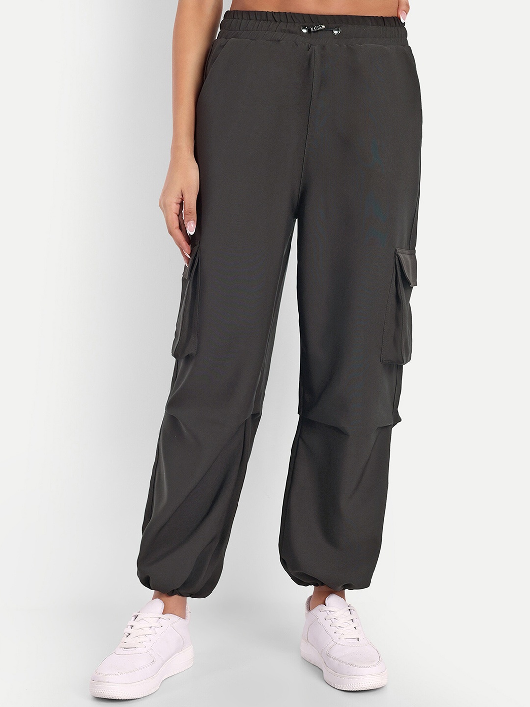 

Next One Women Smart Loose Fit High-Rise Easy Wash Cargos Trousers, Black