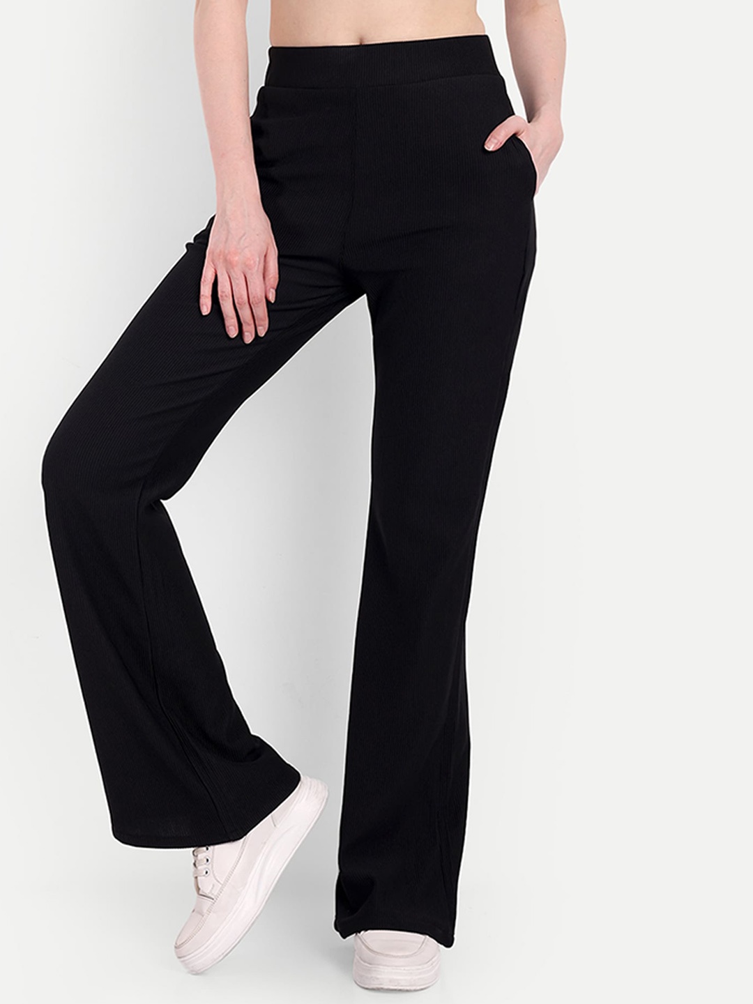 

Next One Women High-Rise Stretchable Flared Bootcut Corduroy Trousers, Black