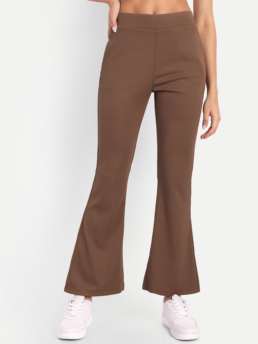 

Next One Women High-Rise Stretchable Flared Bootcut Corduroy Trousers, Brown