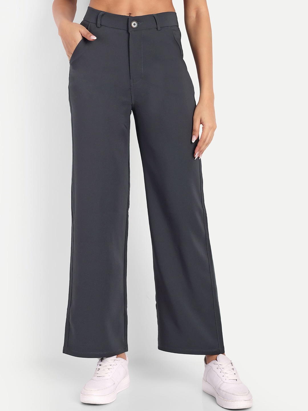 

Next One Women Smart Loose Fit High-Rise Easy Wash Parallel Trousers, Grey