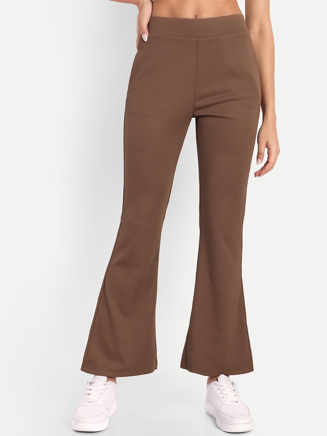 

Next One Women High-Rise Stretchable Flared Bootcut Corduroy Trousers, Brown