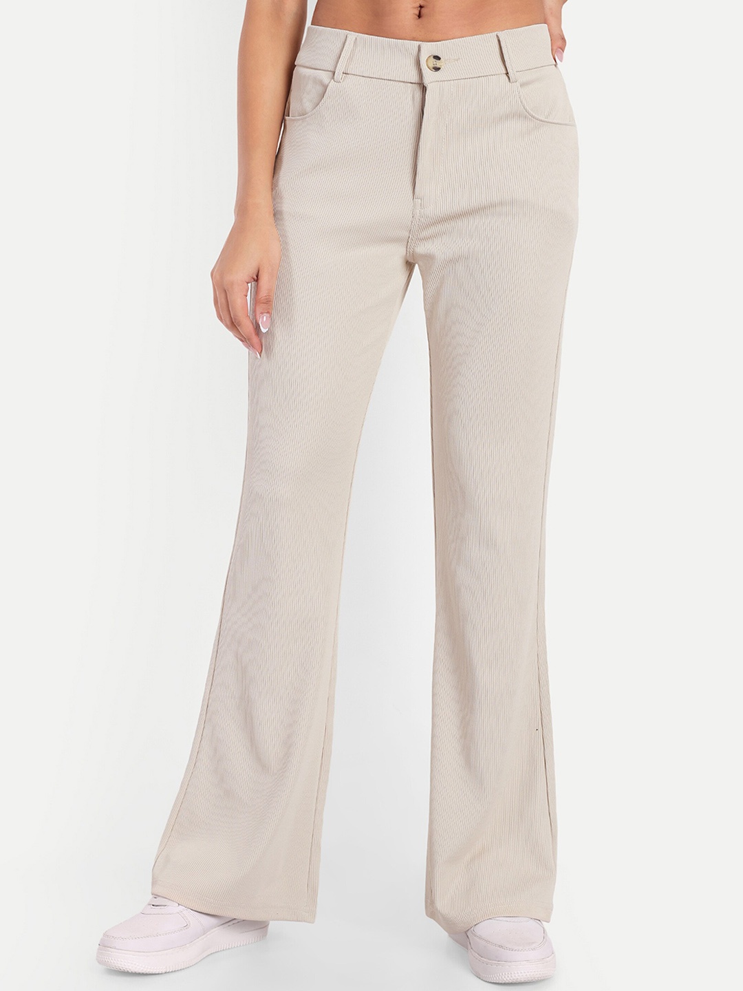 

Next One Women High-Rise Stretchable Flared Bootcut Corduroy Trousers, Beige