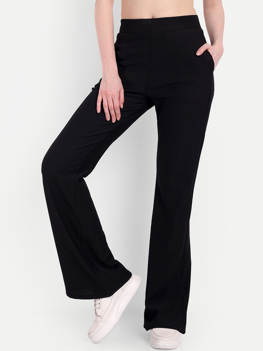 

Next One Women High-Rise Stretchable Flared Bootcut Corduroy Trousers, Black