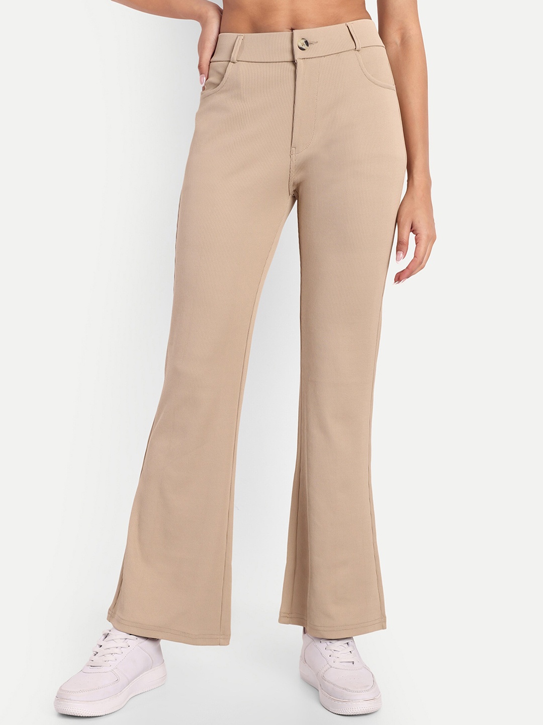 

Next One Women High-Rise Stretchable Flared Bootcut Corduroy Trousers, Beige