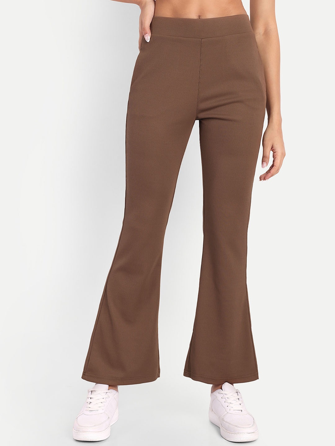 

Next One Women Stretchable Bootcut Corduroy Flared Mid-Rise Trousers, Brown