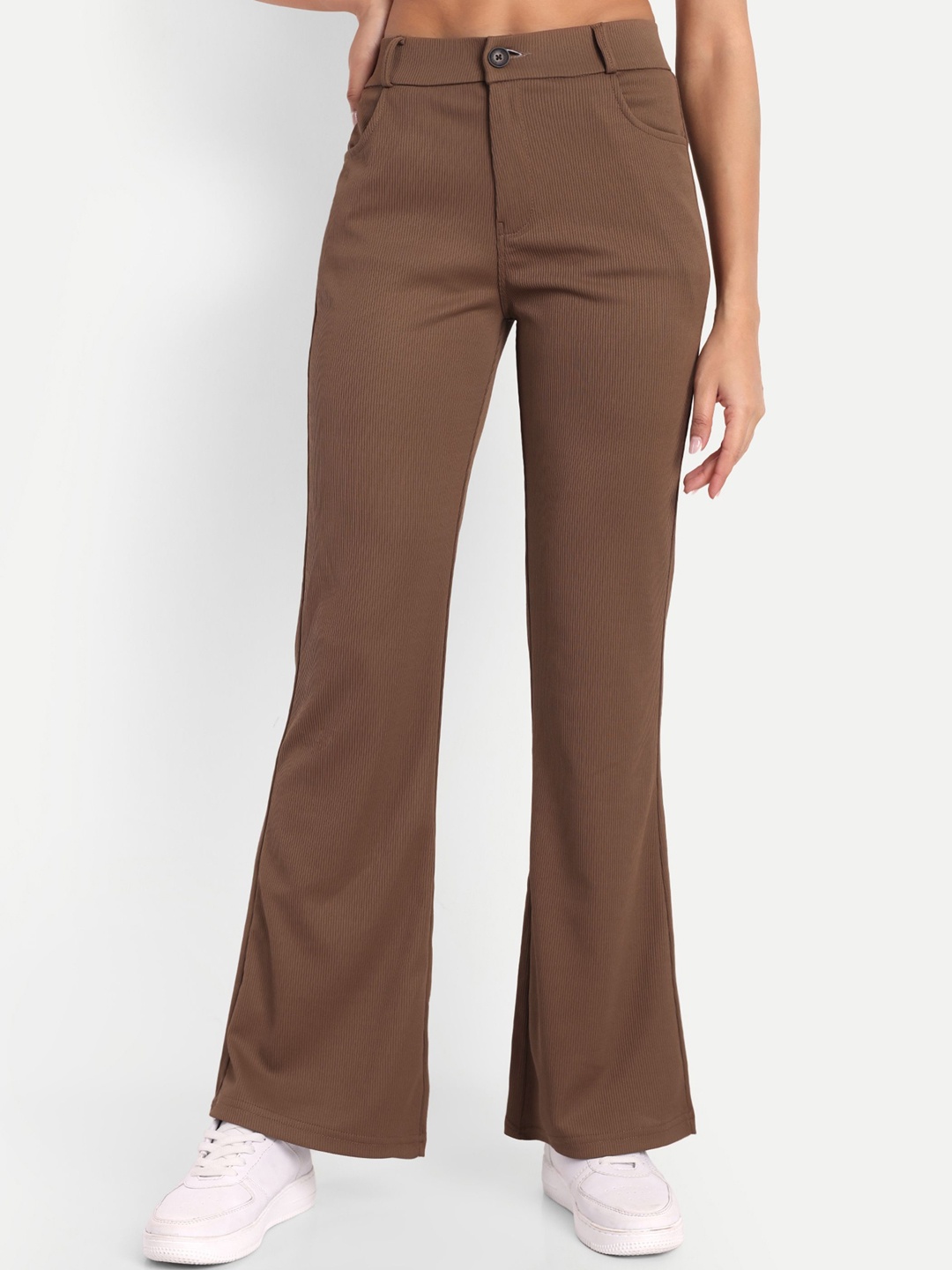 

Next One Women High-Rise Stretchable Flared Bootcut Corduroy Trousers, Brown