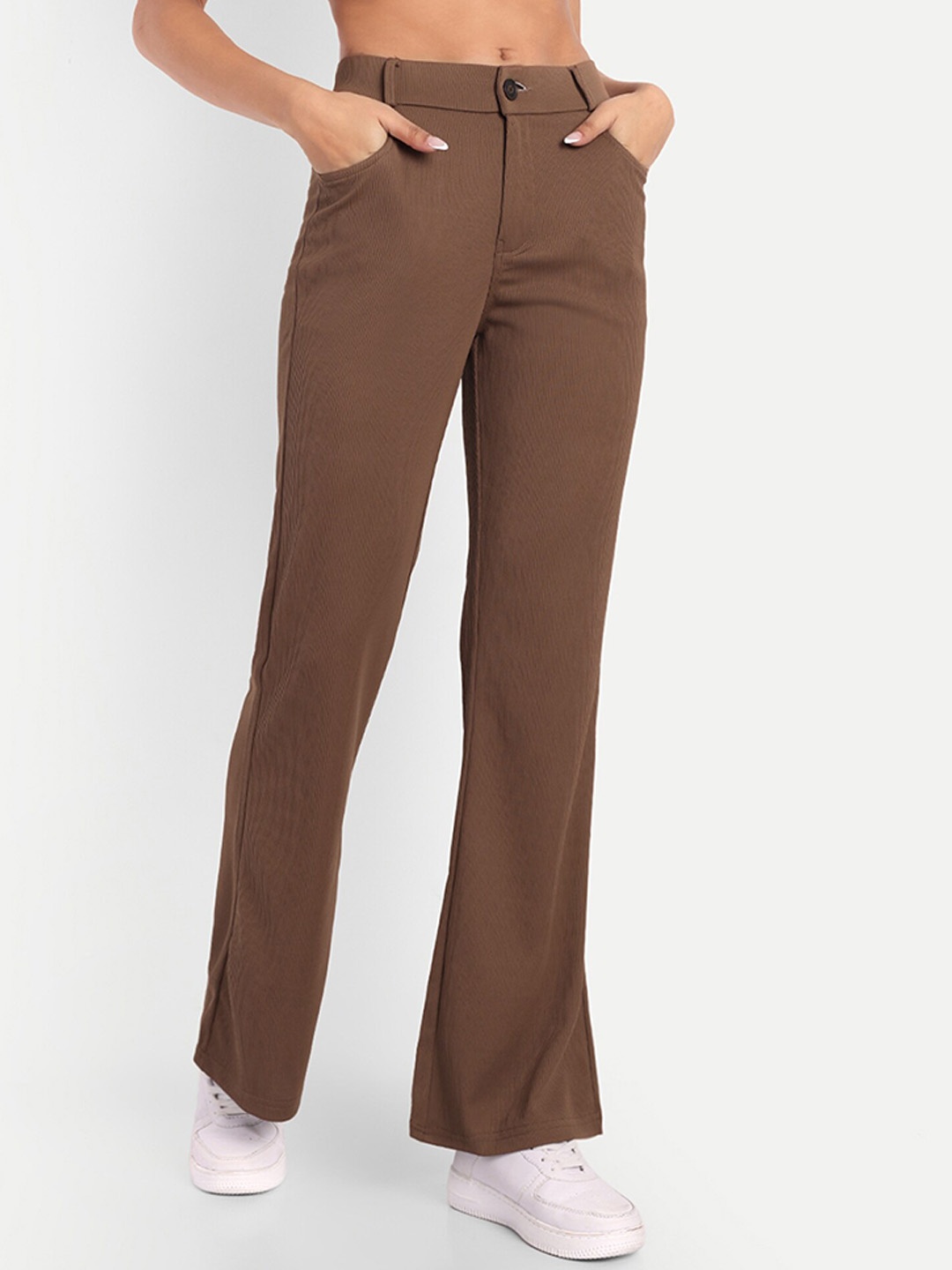 

Next One Women High-Rise Stretchable Flared Bootcut Corduroy Trousers, Brown