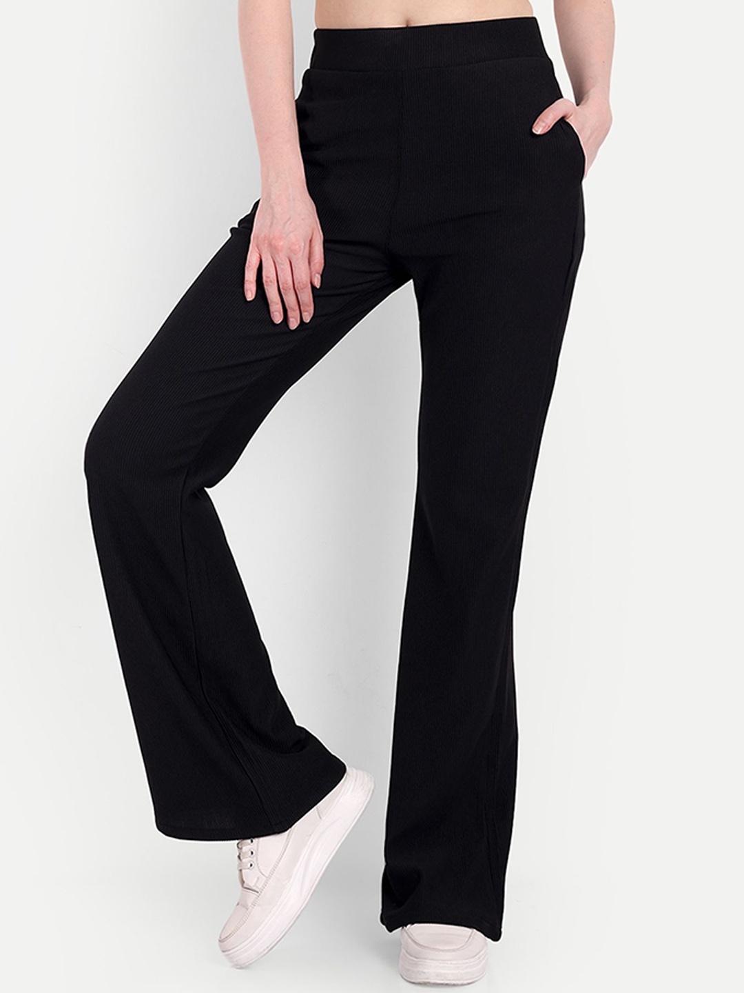 

Next One Women High-Rise Stretchable Flared Bootcut Corduroy Trousers, Black