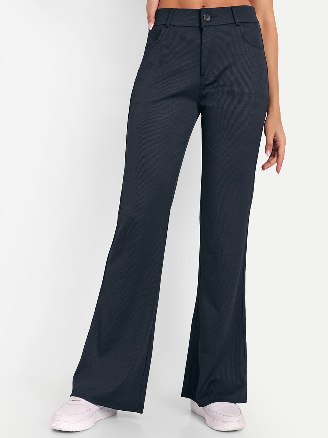 

Next One Women High-Rise Stretchable Flared Bootcut Corduroy Trousers, Black