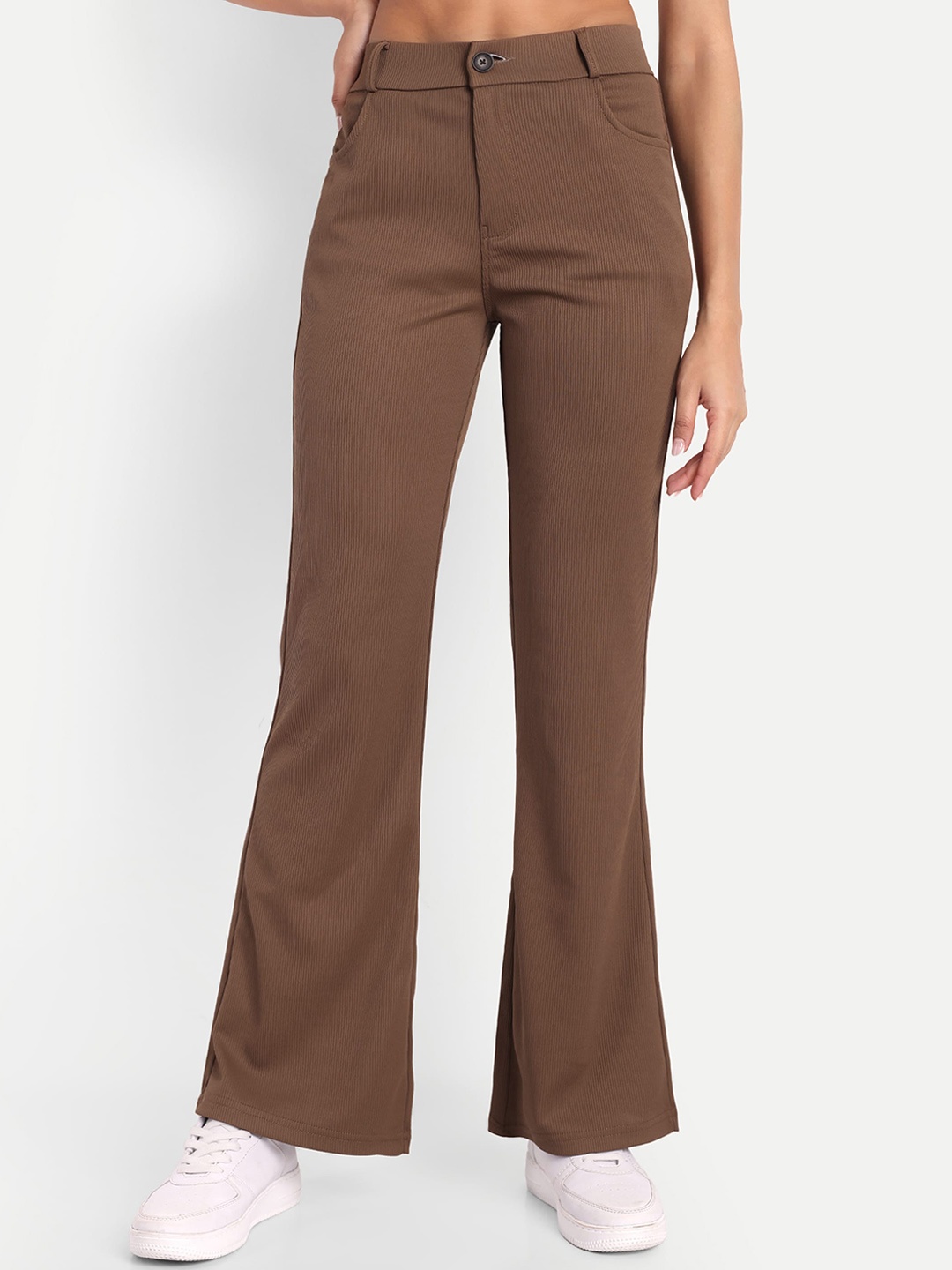 

Next One Women High-Rise Stretchable Flared Bootcut Corduroy Trousers, Brown