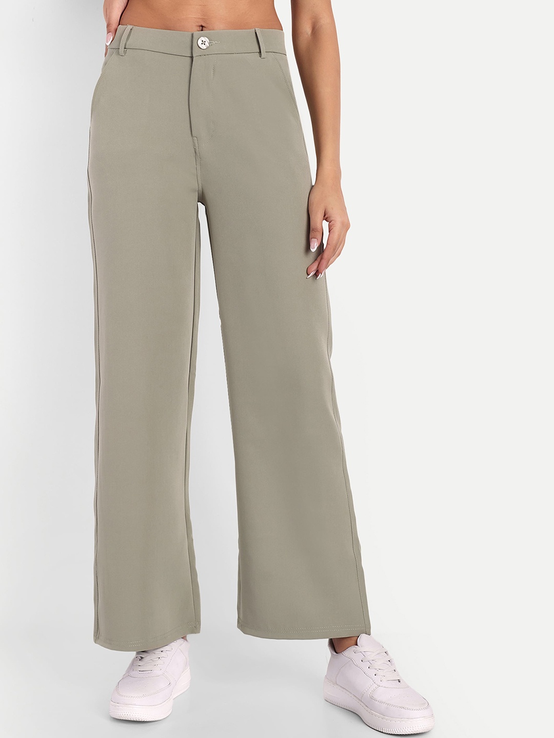 

Next One Women Smart Loose Fit High-Rise Easy Wash Cotton Regular Trousers, Green