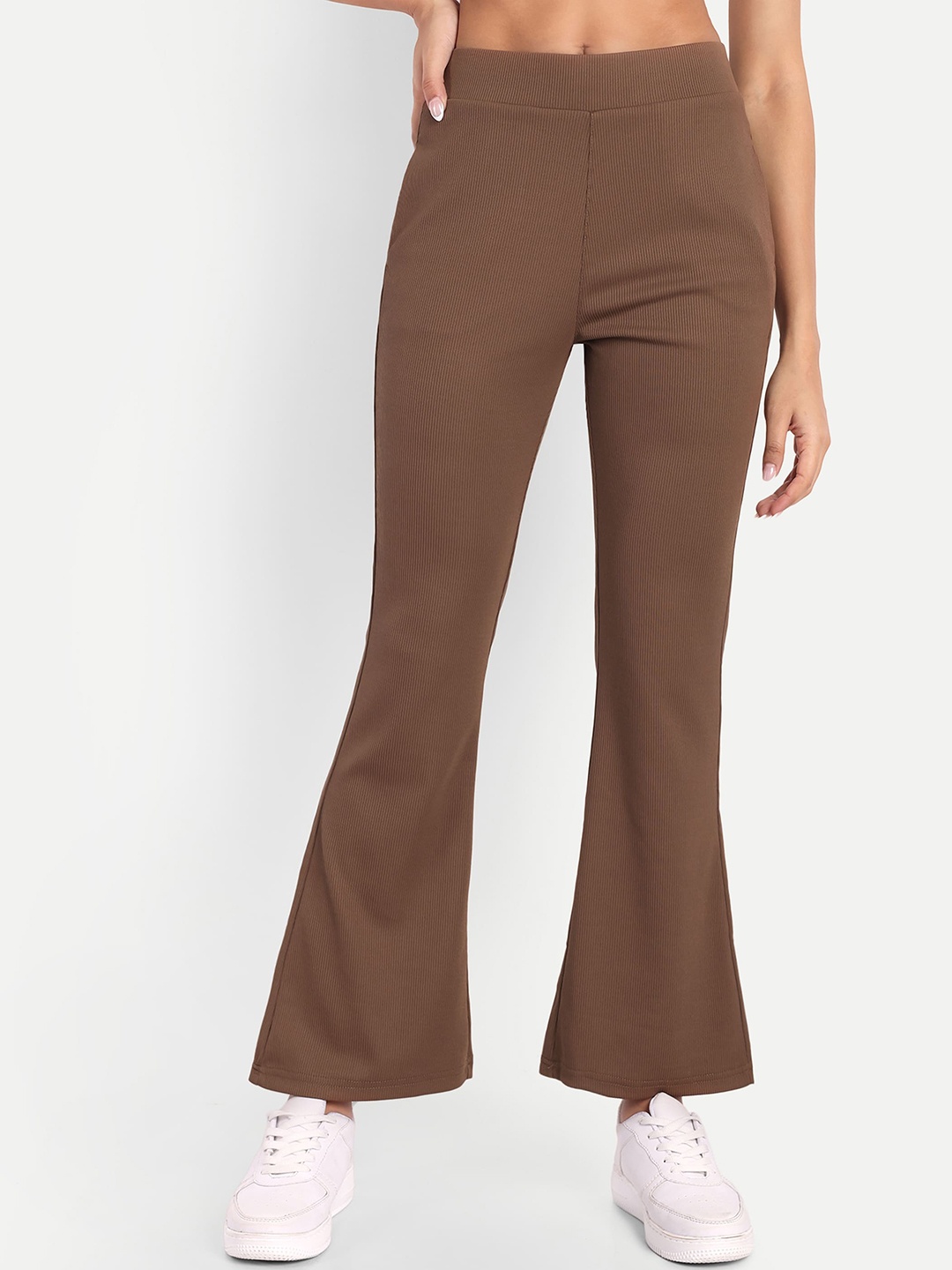 

Next One Women High-Rise Stretchable Flared Bootcut Corduroy Trousers, Brown