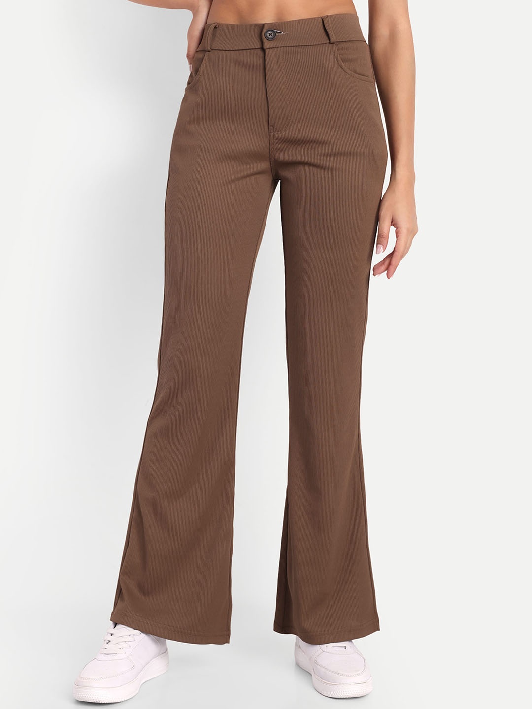 

Next One Women High-Rise Stretchable Flared Bootcut Corduroy Trousers, Brown