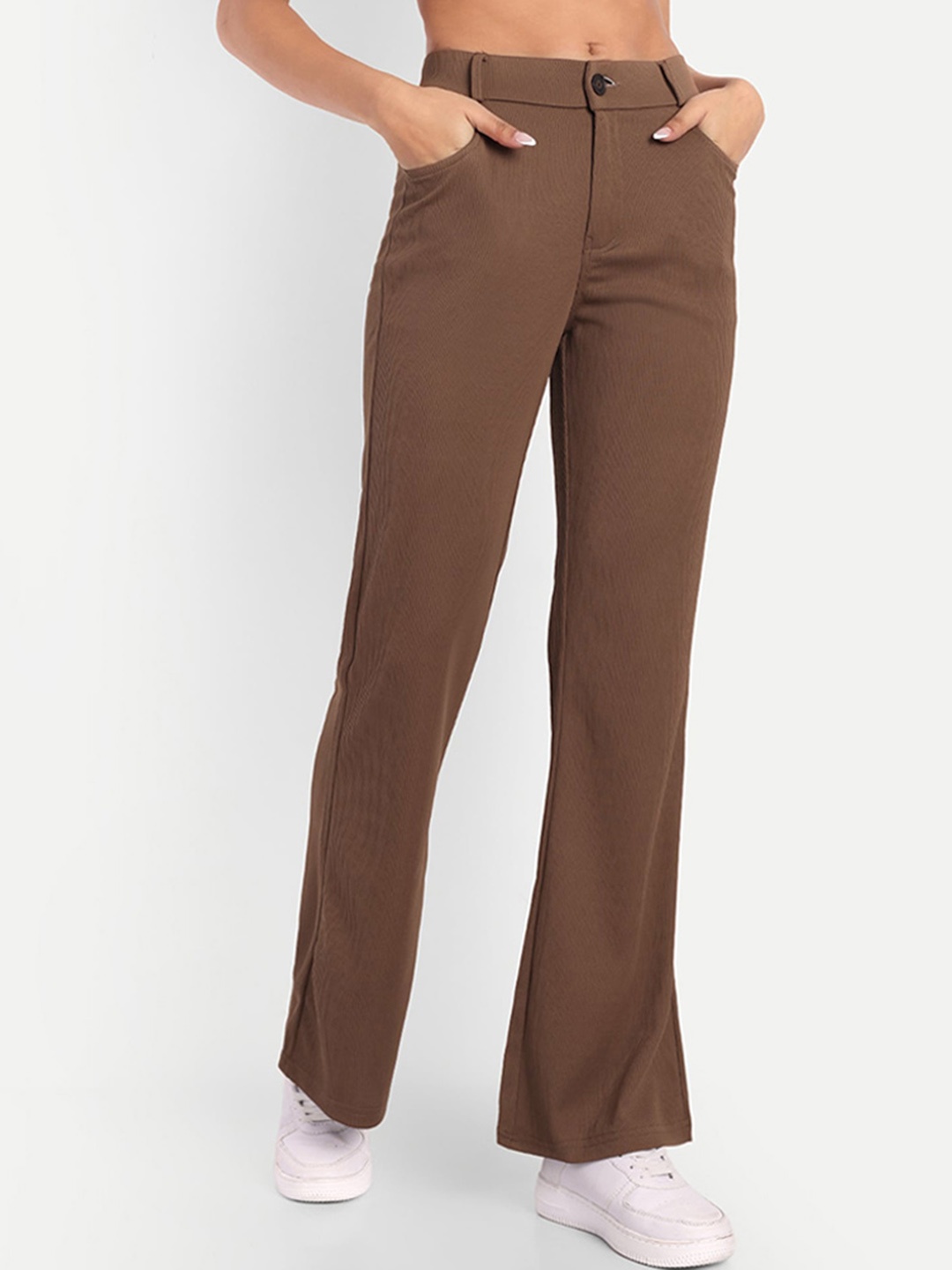 

Next One Women High-Rise Stretchable Flared Bootcut Corduroy Trousers, Brown