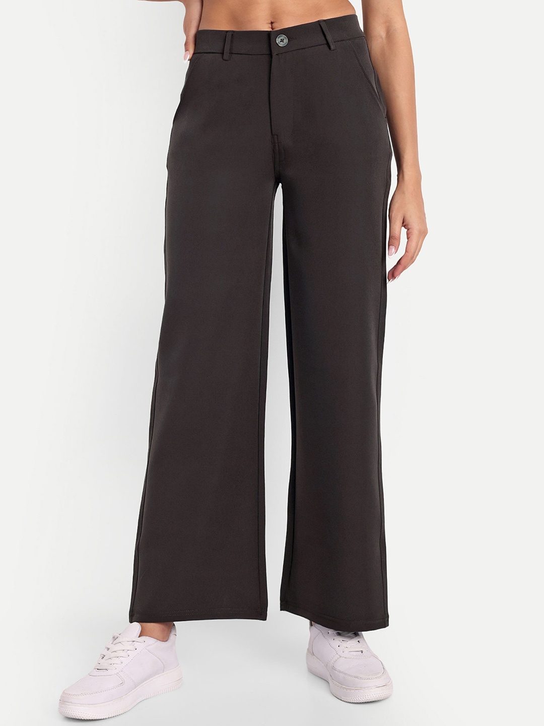 

Next One Women Smart Loose Fit High-Rise Easy Wash Wide Leg Trousers, Coffee brown