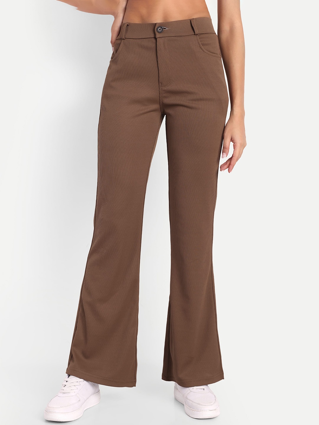 

Next One Women High-Rise Stretchable Flared Bootcut Corduroy Trousers, Brown