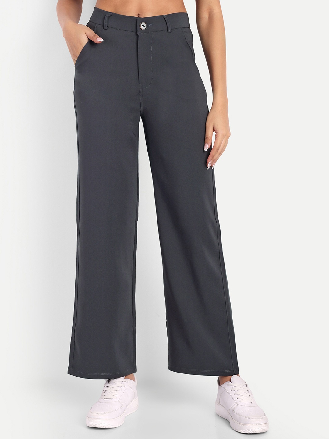 

Next One Women Smart Loose Fit High-Rise Easy Wash Pleated Cotton Regular Trousers, Grey