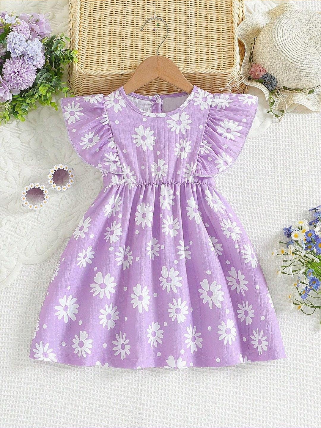 

BAESD Girls Floral Print Round Neck Gathered Detailed Fit & Flare Dress, Lavender