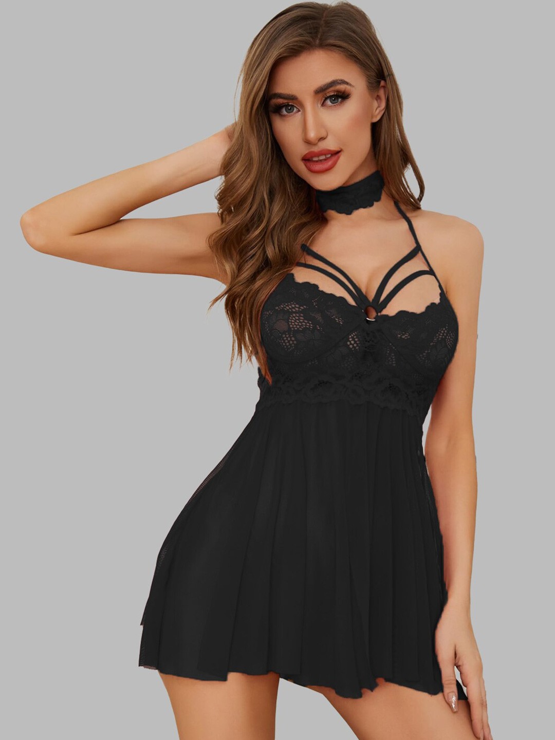

VAGHBHATT Women Net Halter Neck Baby Doll, Black
