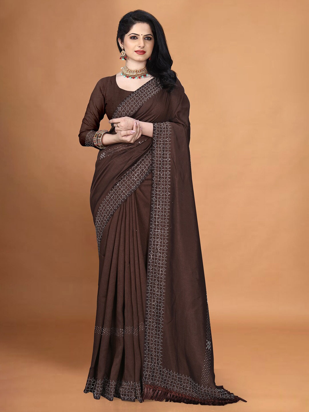

SANJANA SILK Ethnic Motifs Fusion Saree, Brown