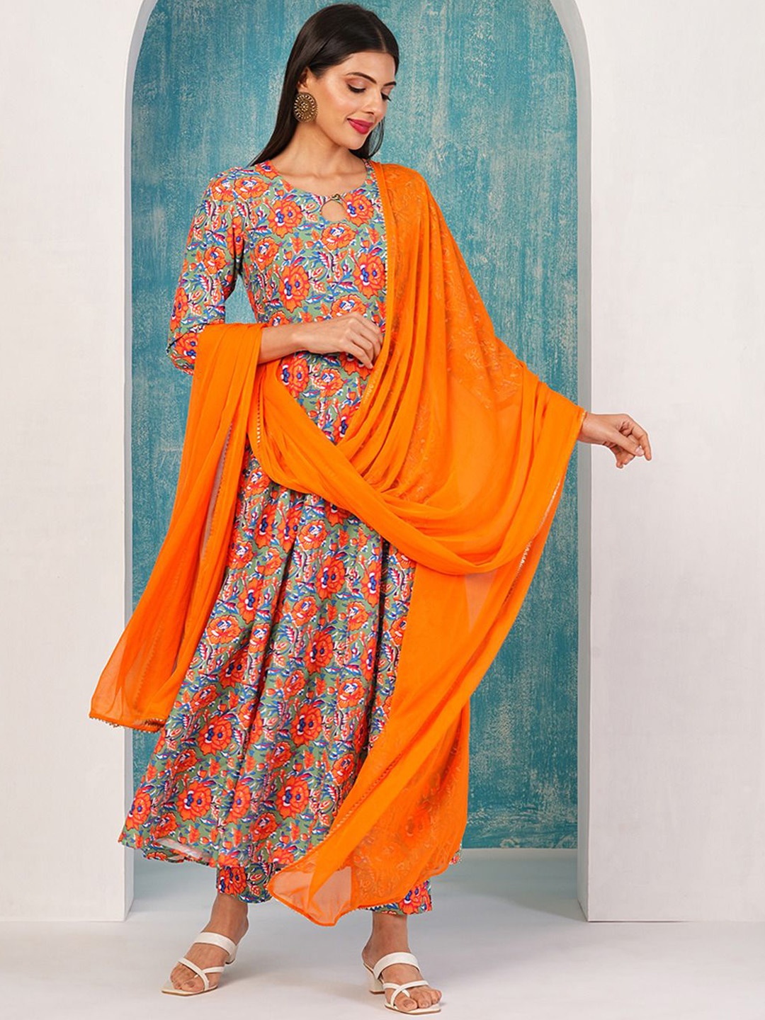

Anni Designer Floral Printed Anarkali Kurta With Trousers & Dupatta, Orange