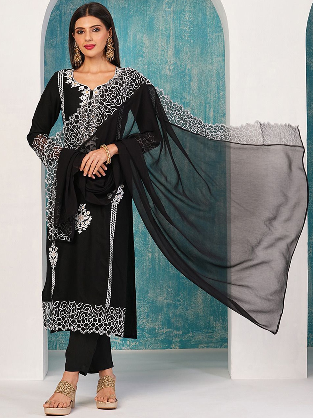 

Anni Designer Ethnic Motifs Embroidered Thread Work Straight Kurta With Trousers & Dupatta, Black