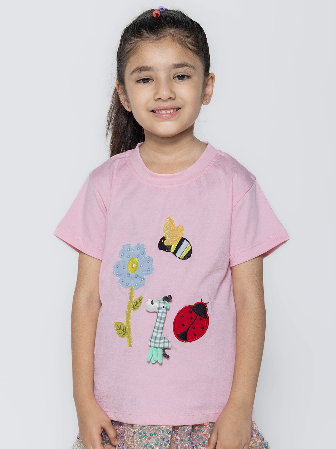 

PAMPOLINA Graphic Printed Applique Regular Sleeves Cotton Top, Pink