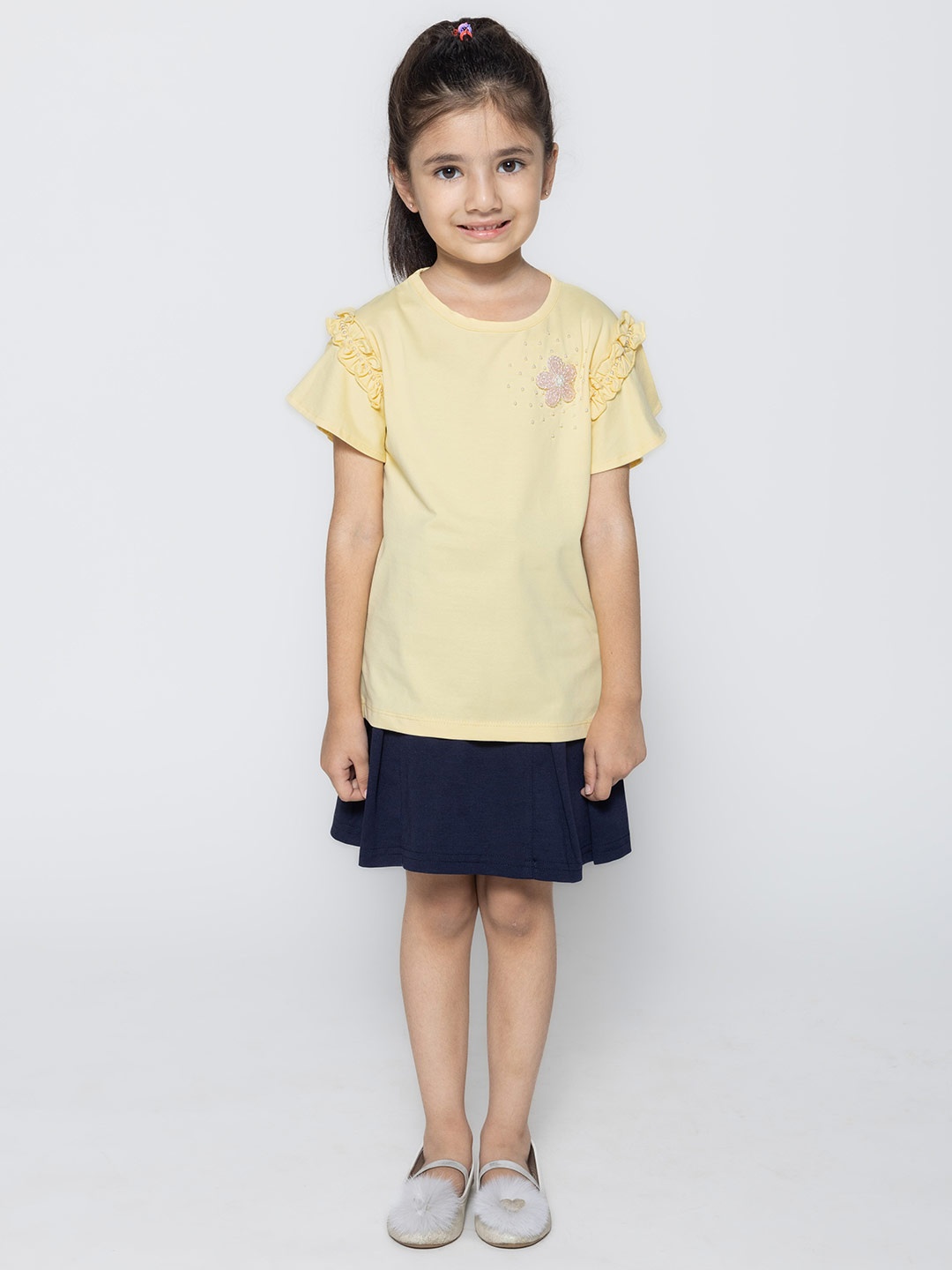 

PAMPOLINA Half Sleeve Round Neck Embellished Cotton Top, Yellow