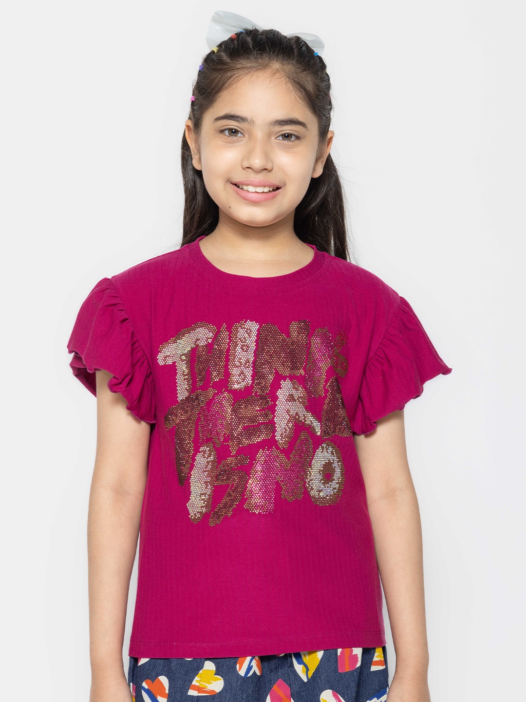 

PAMPOLINA Print Flutter Sleeve Cotton Top, Magenta