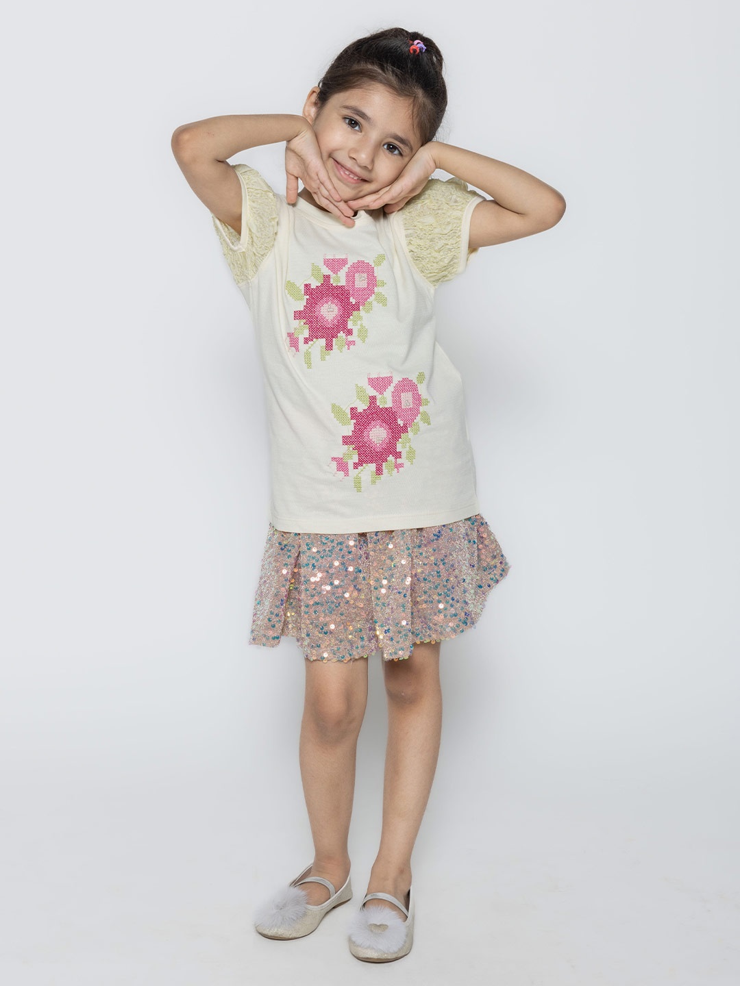

PAMPOLINA Embroidery Printed Half Sleeve Round Neck Cotton Top, Off white