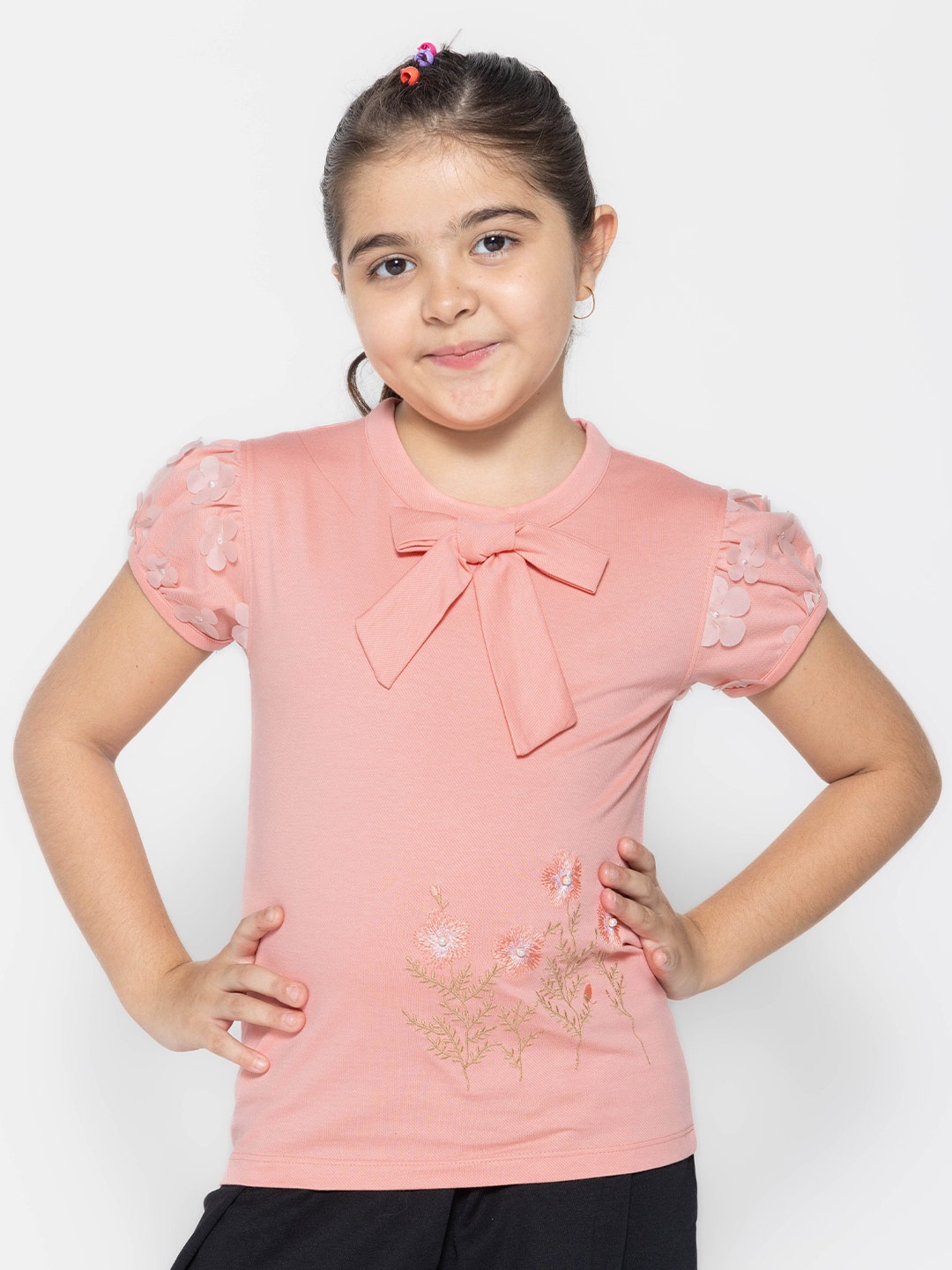 

PAMPOLINA Round Neck Embroidered Puff Sleeve Cotton Top, Peach