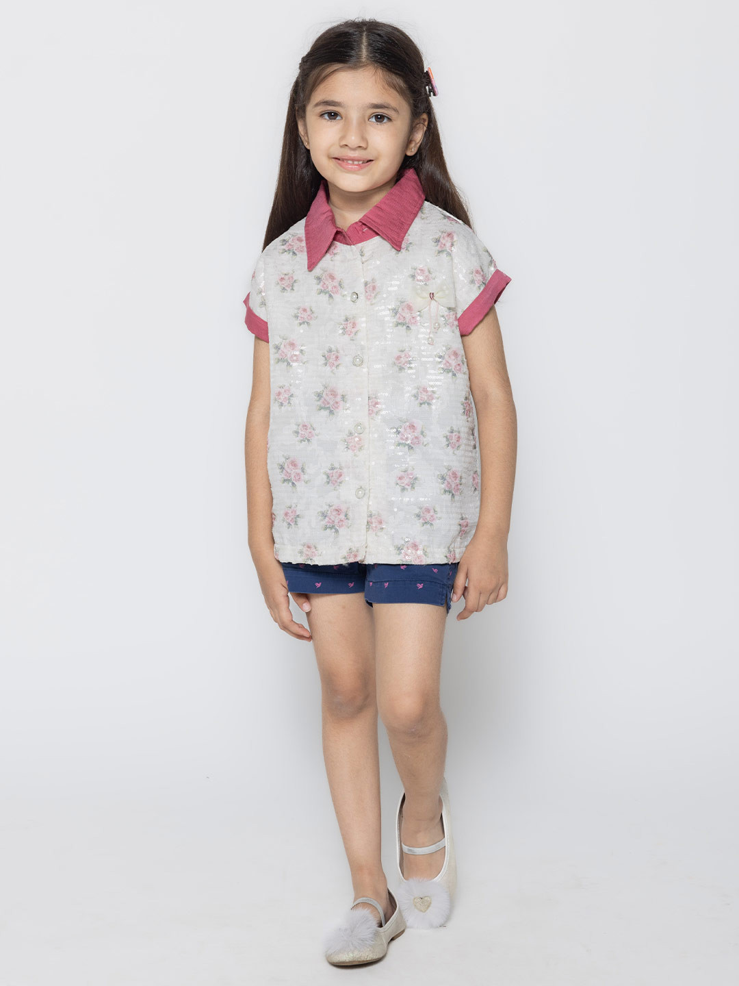 

PAMPOLINA Floral Print Bling & Sparkly Shirt Style Top, Peach